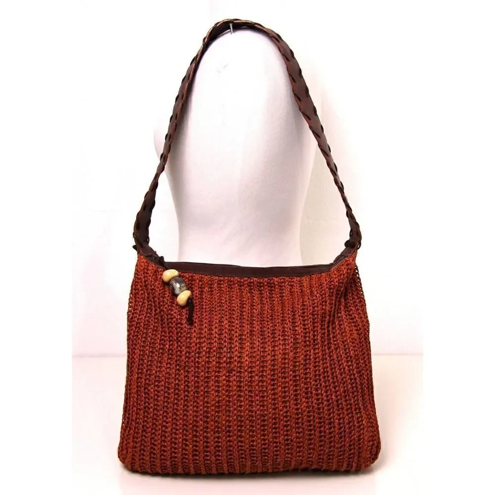 PRESTON YORK ITALY WOVEN KNITTED CORD BROWN GENUINE LEATHER SHOULDER BAG HANDBAG